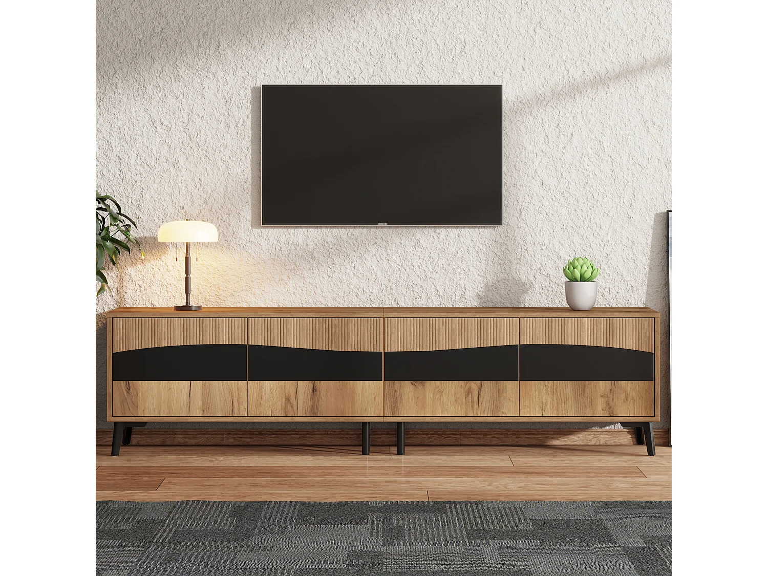 Meuble TV 180 cm avec 4 portes texturées et 8 pieds de support, naturel et noir - pour salon