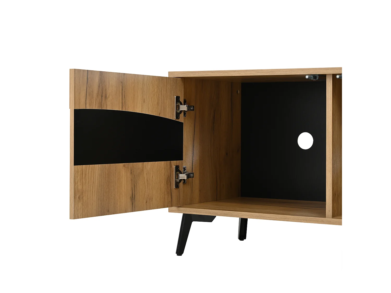 Meuble TV 180 cm avec 4 portes texturées et 8 pieds de support, naturel et noir - pour salon