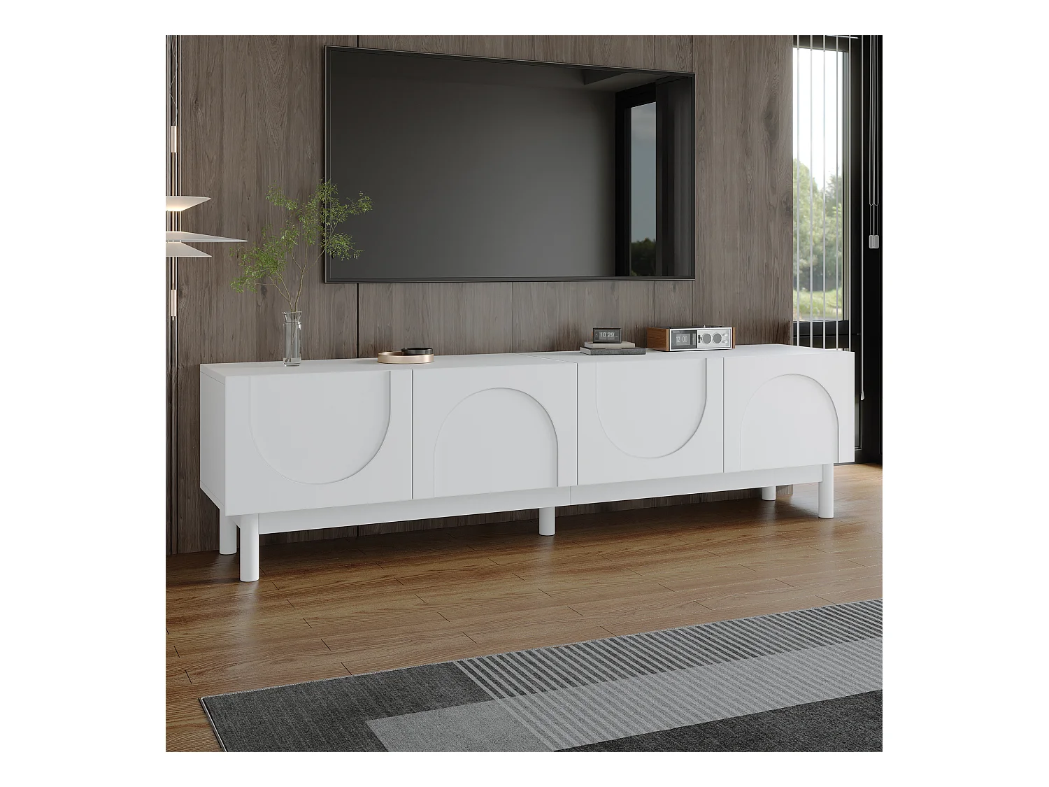 Meuble TV blanc avec 4 portes incurvées à motifs et pieds stables - pour salon et aux bureaux