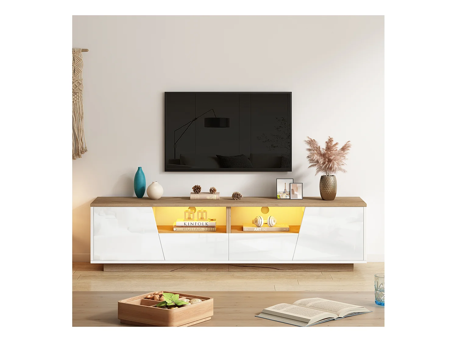 Meuble TV 180 cm avec 2 tiroirs et 2 portes, éclairage LED - Blanc et naturel