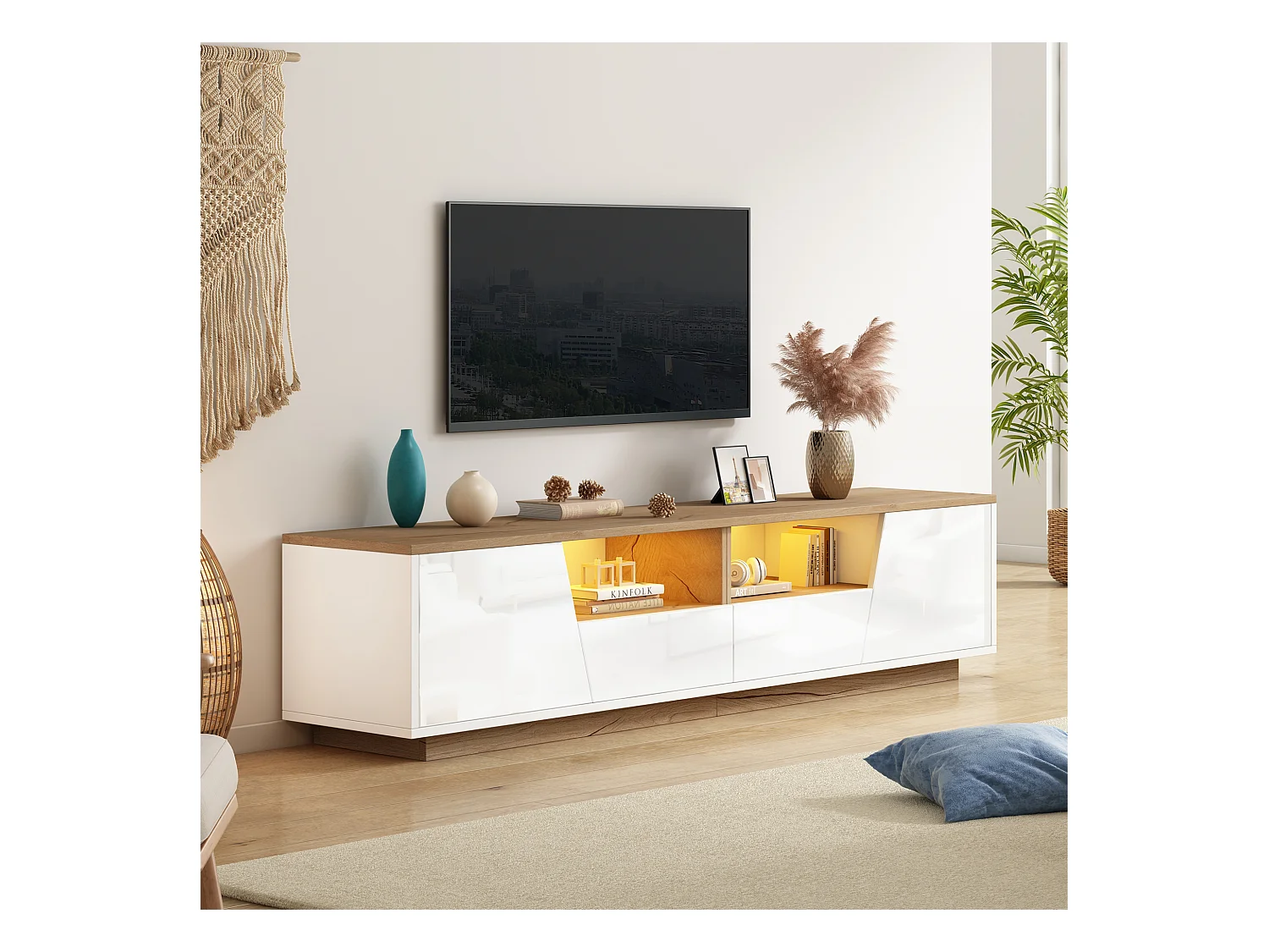 Meuble TV 180 cm avec 2 tiroirs et 2 portes, éclairage LED - Blanc et naturel
