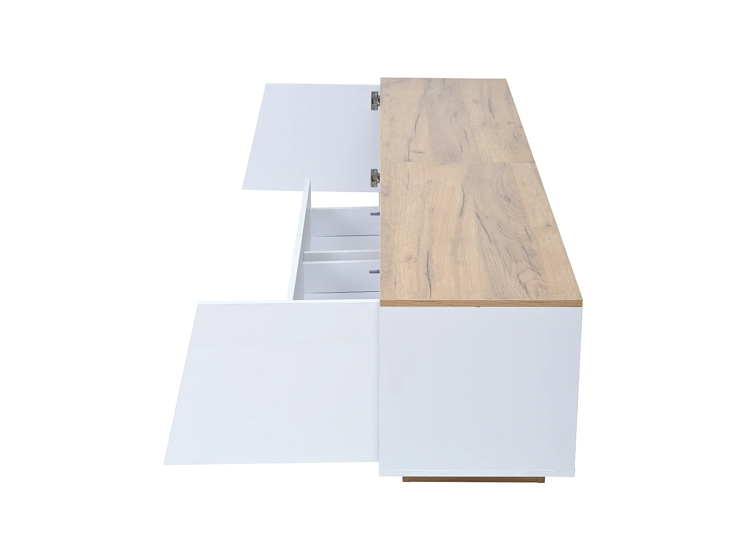 Meuble TV 180 cm avec 2 tiroirs et 2 portes, éclairage LED - Blanc et naturel