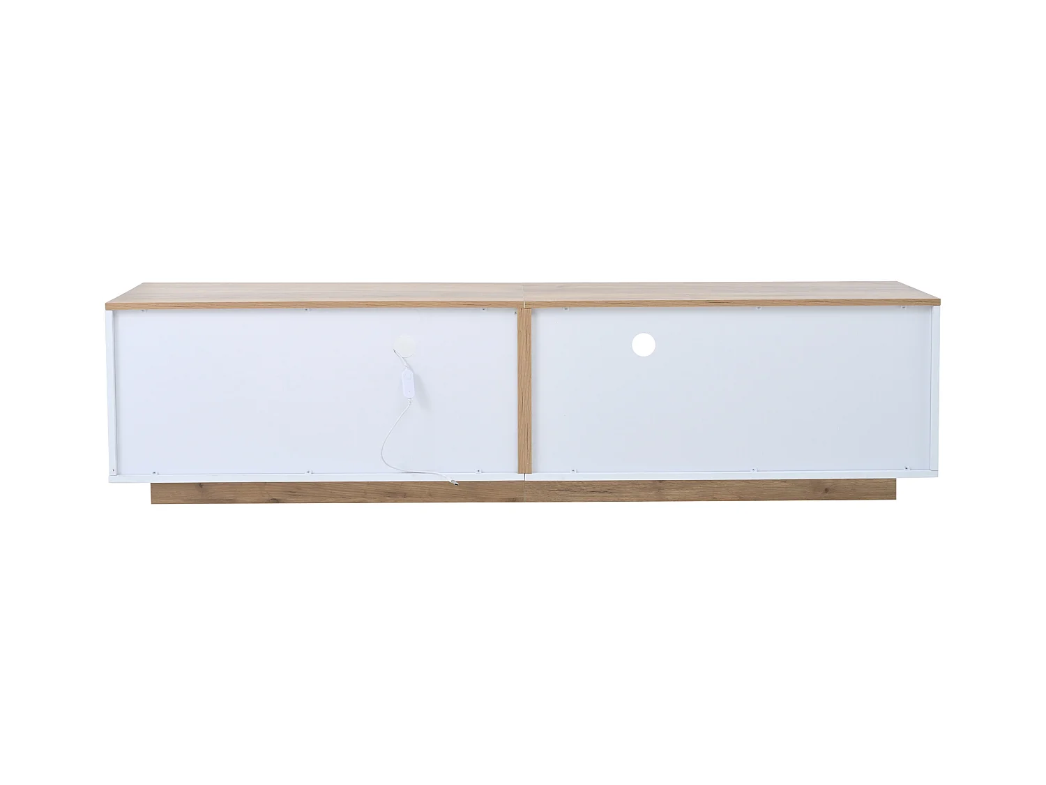 Meuble TV 180 cm avec 2 tiroirs et 2 portes, éclairage LED - Blanc et naturel