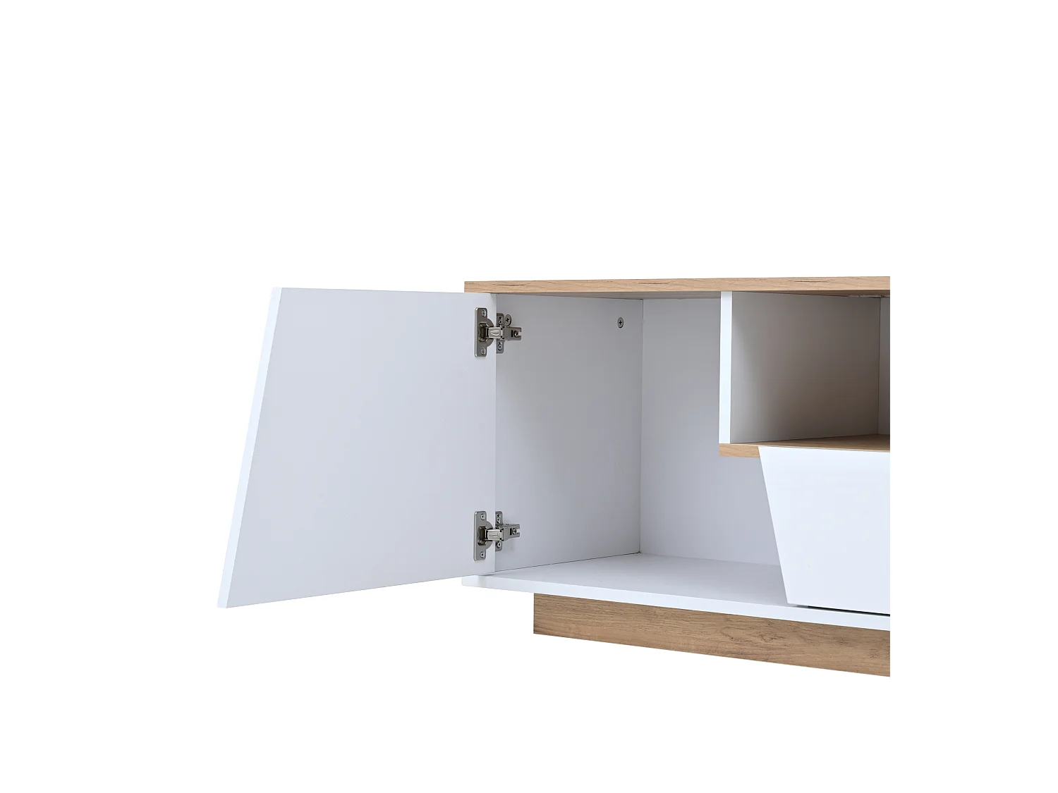 Meuble TV 180 cm avec 2 tiroirs et 2 portes, éclairage LED - Blanc et naturel