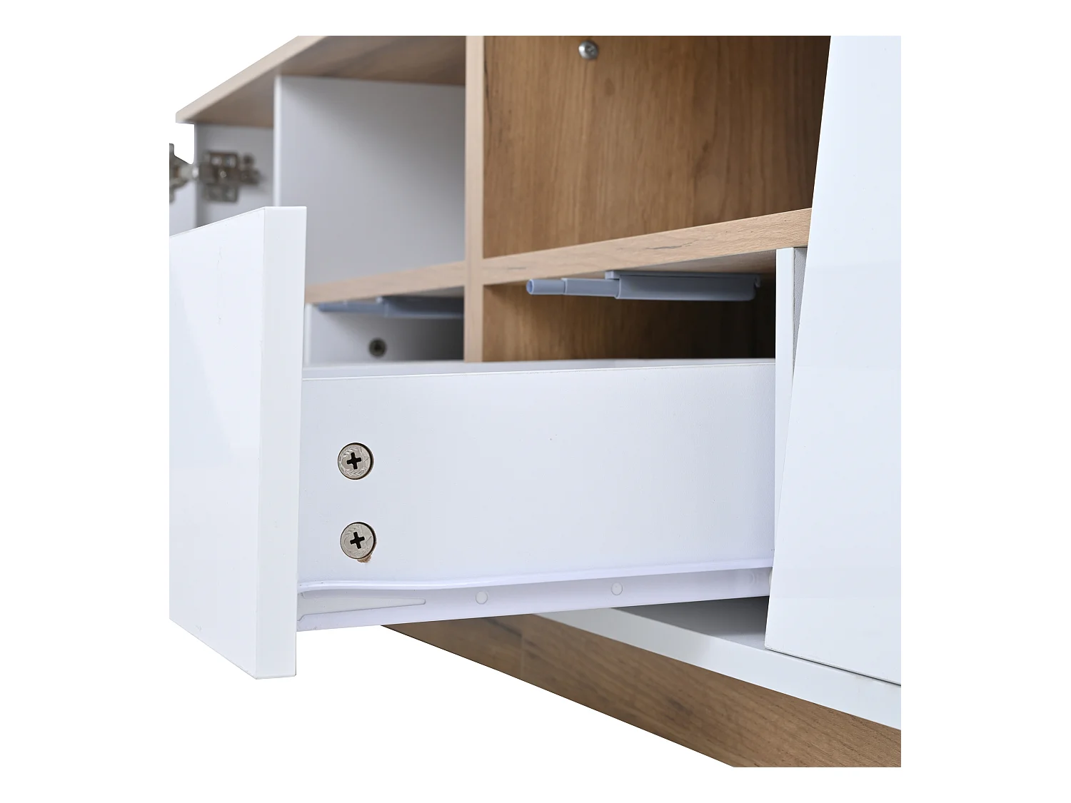 Meuble TV 180 cm avec 2 tiroirs et 2 portes, éclairage LED - Blanc et naturel