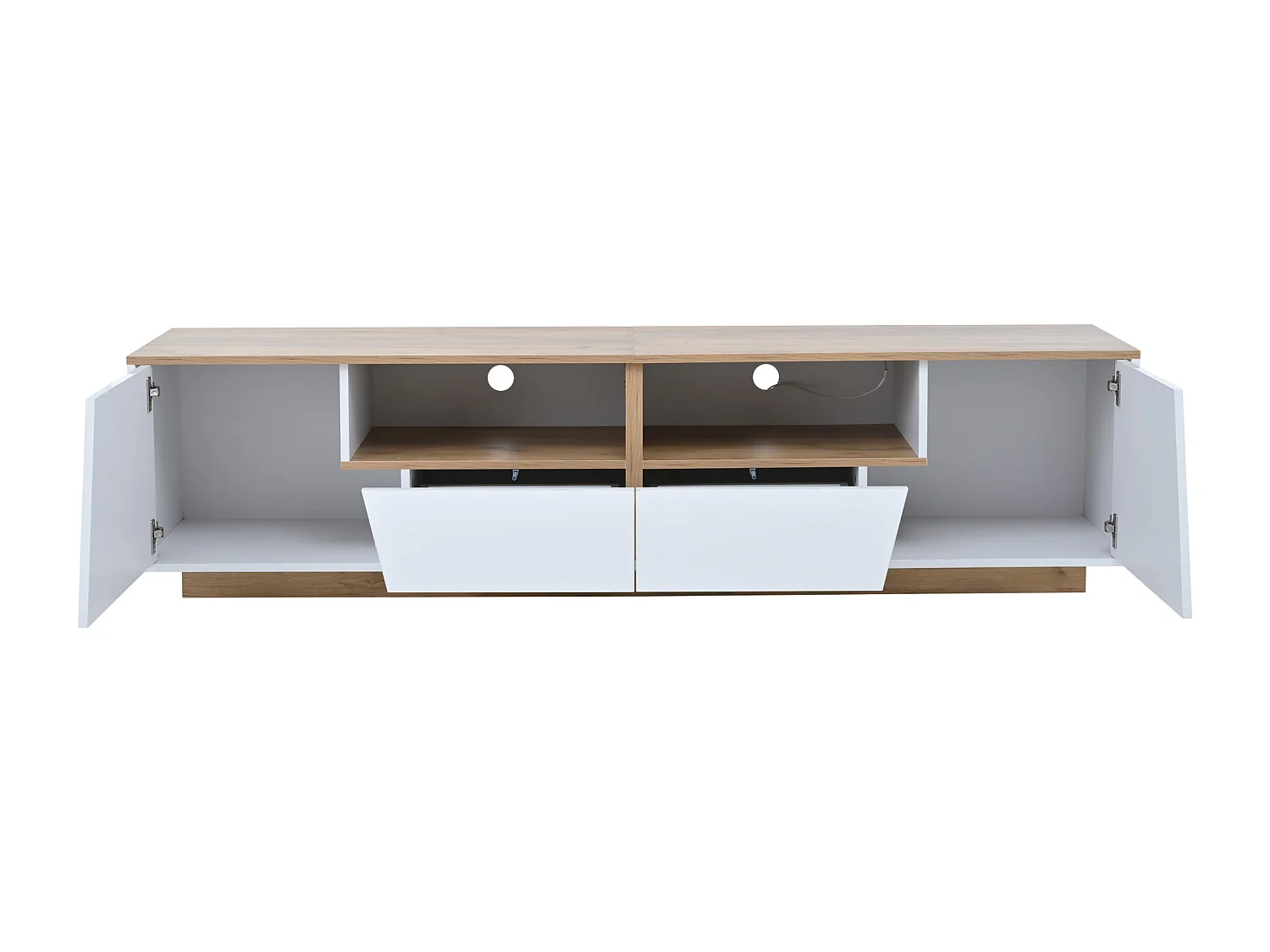 Meuble TV 180 cm avec 2 tiroirs et 2 portes, éclairage LED - Blanc et naturel