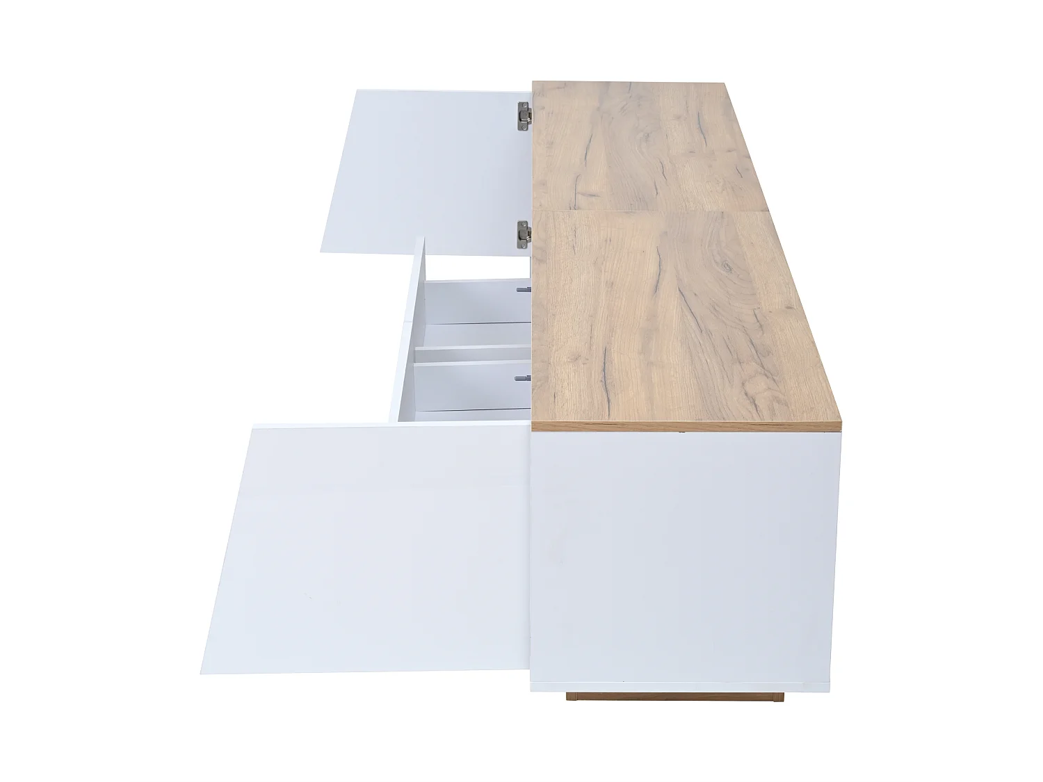 Meuble TV 180 cm avec 2 tiroirs et 2 portes, éclairage LED - Blanc et naturel