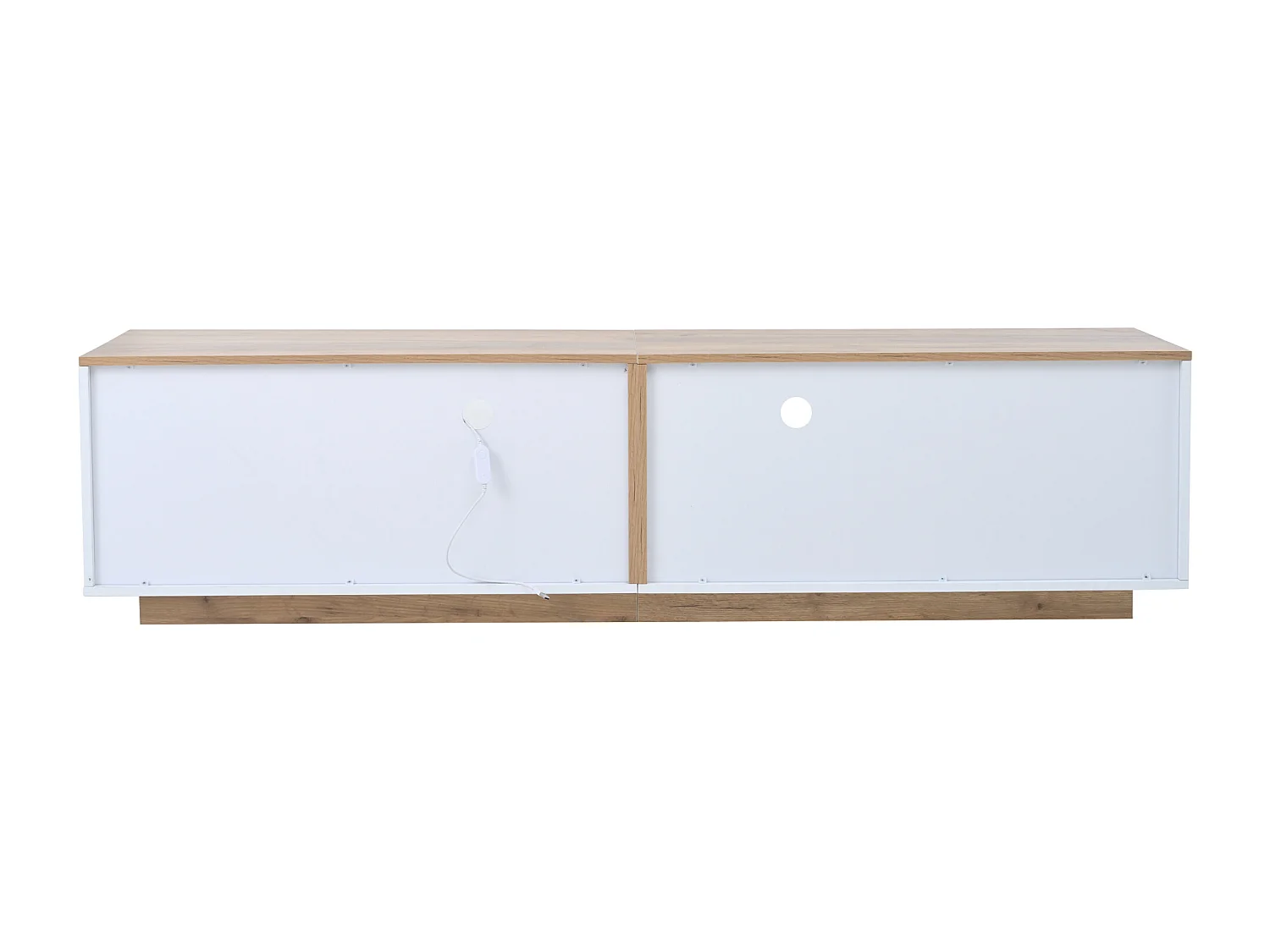 Meuble TV 180 cm avec 2 tiroirs et 2 portes, éclairage LED - Blanc et naturel