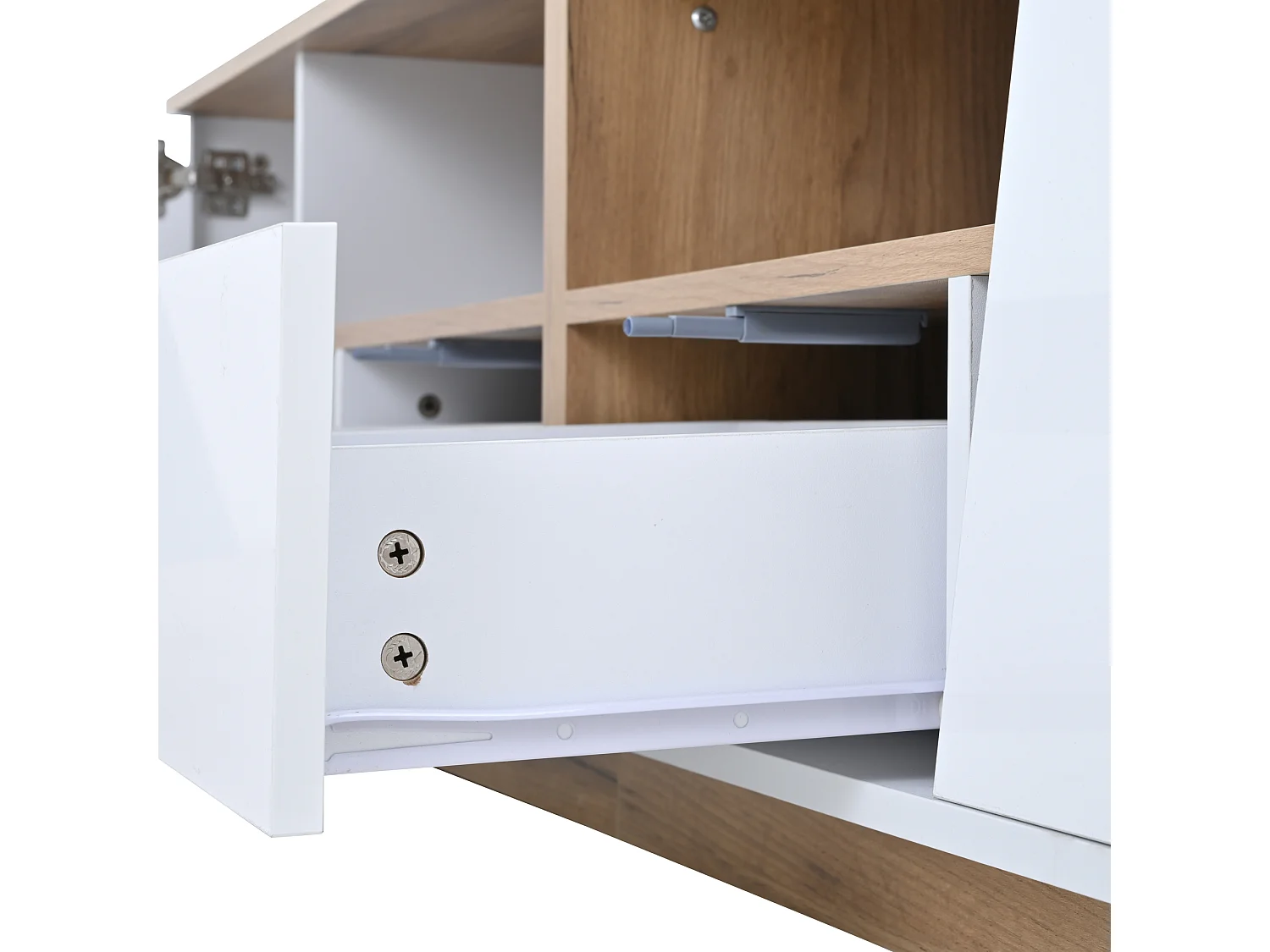 Meuble TV 180 cm avec 2 tiroirs et 2 portes, éclairage LED - Blanc et naturel