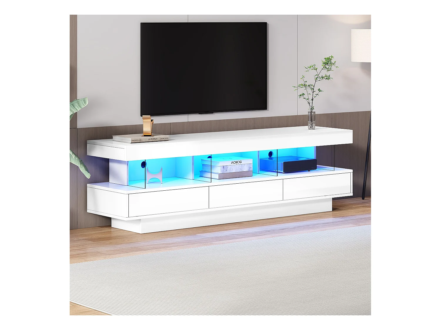 Biała szafka RTV z 3 szufladami do przechowywania i półkami, oświetlenie LED - idealna do salonu