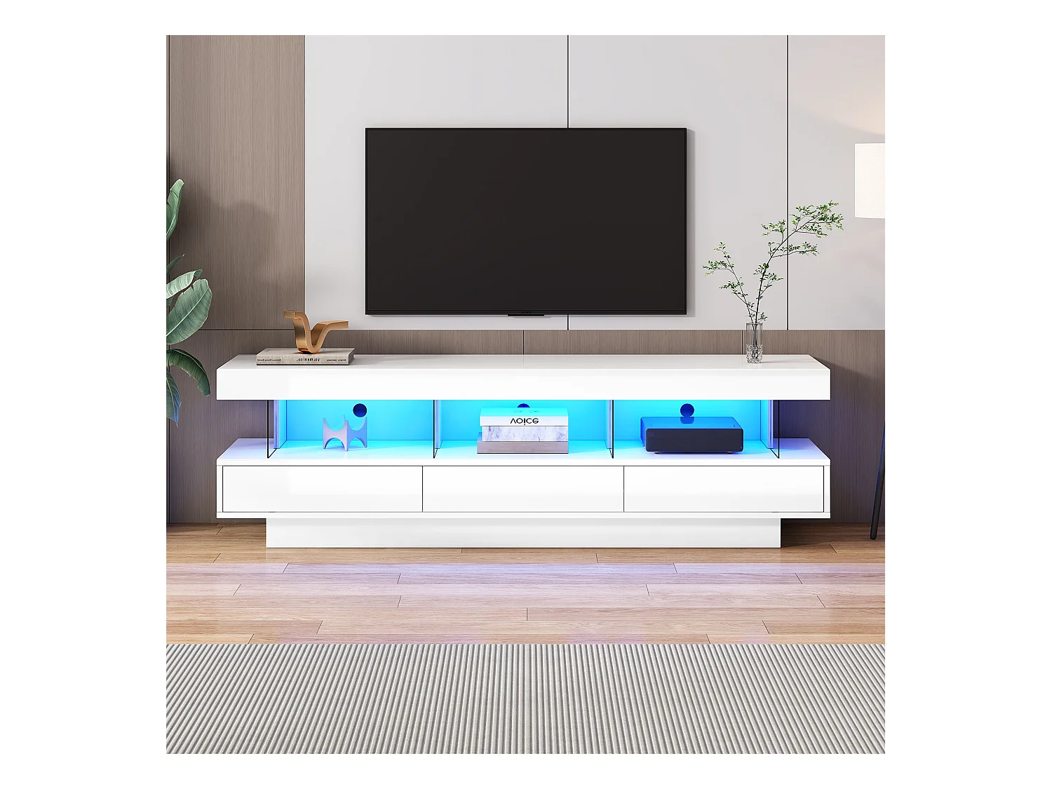Meuble TV blanc avec 3 tiroirs de rangement et étagères, éclairage LED - pour salon