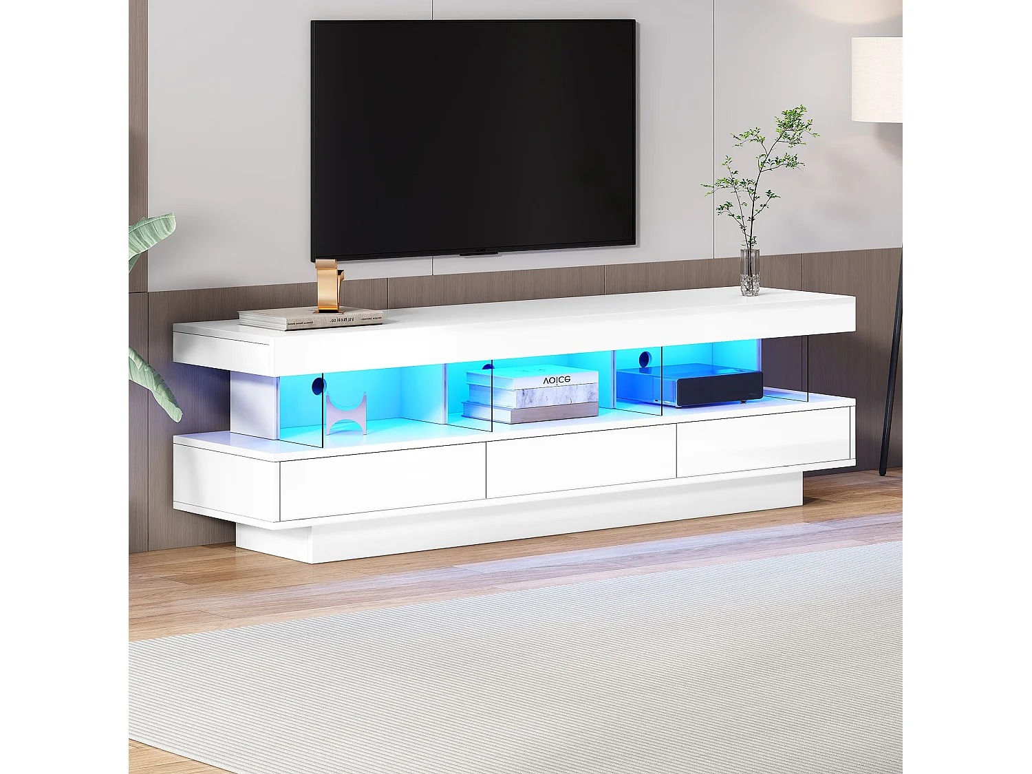 Meuble TV blanc avec 3 tiroirs de rangement et étagères, éclairage LED - pour salon