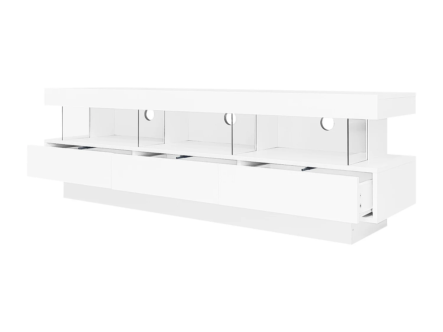 Weißes TV-Lowboard mit 3 Aufbewahrungsschubladen und Ablagen, LED-Beleuchtung - passend fürs Wohnzimmer