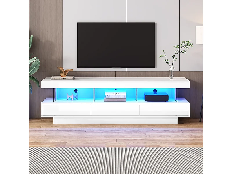 Mueble de TV blanco con 3 cajones de almacenamiento y estantes, iluminación LED - ideal para salón
