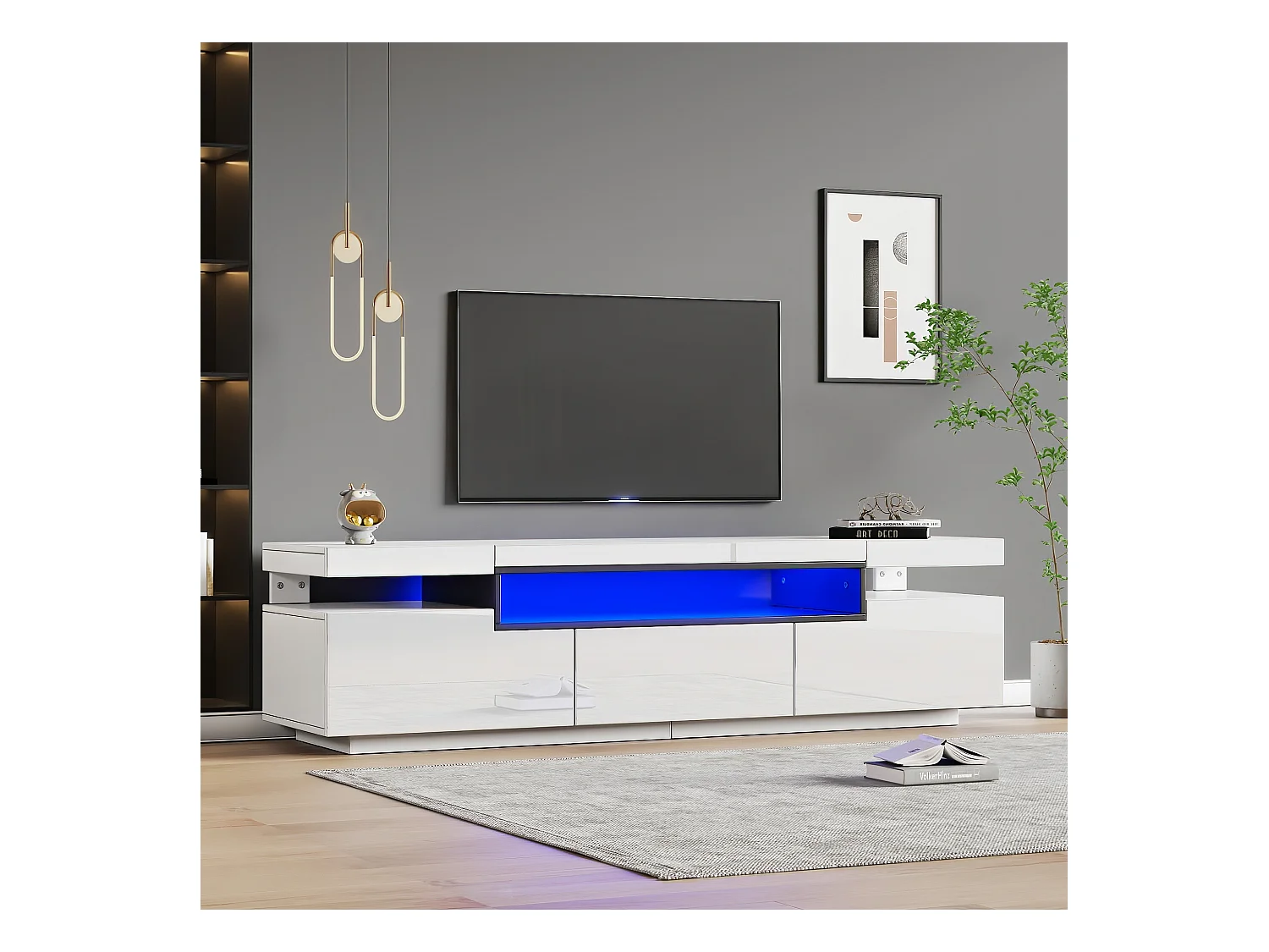 Meuble TV blanc avec 3 tiroirs de rangement et étagères ouvertes, éclairage LED 16 couleurs