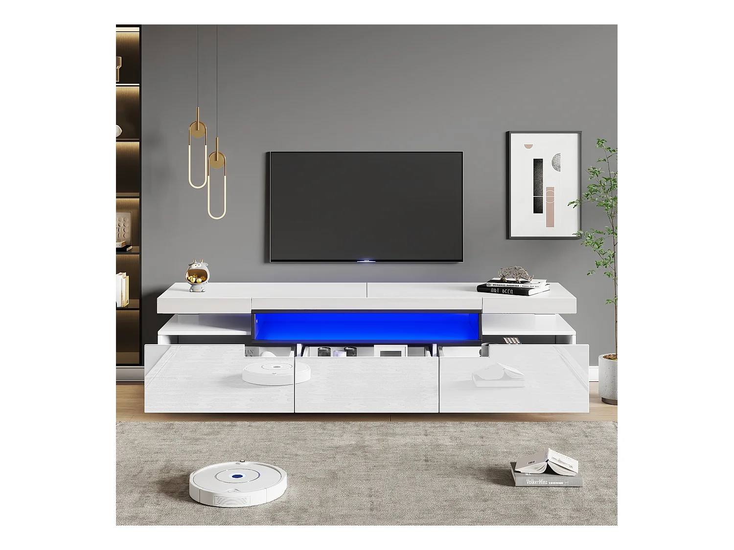 Meuble TV blanc avec 3 tiroirs de rangement et étagères ouvertes, éclairage LED 16 couleurs