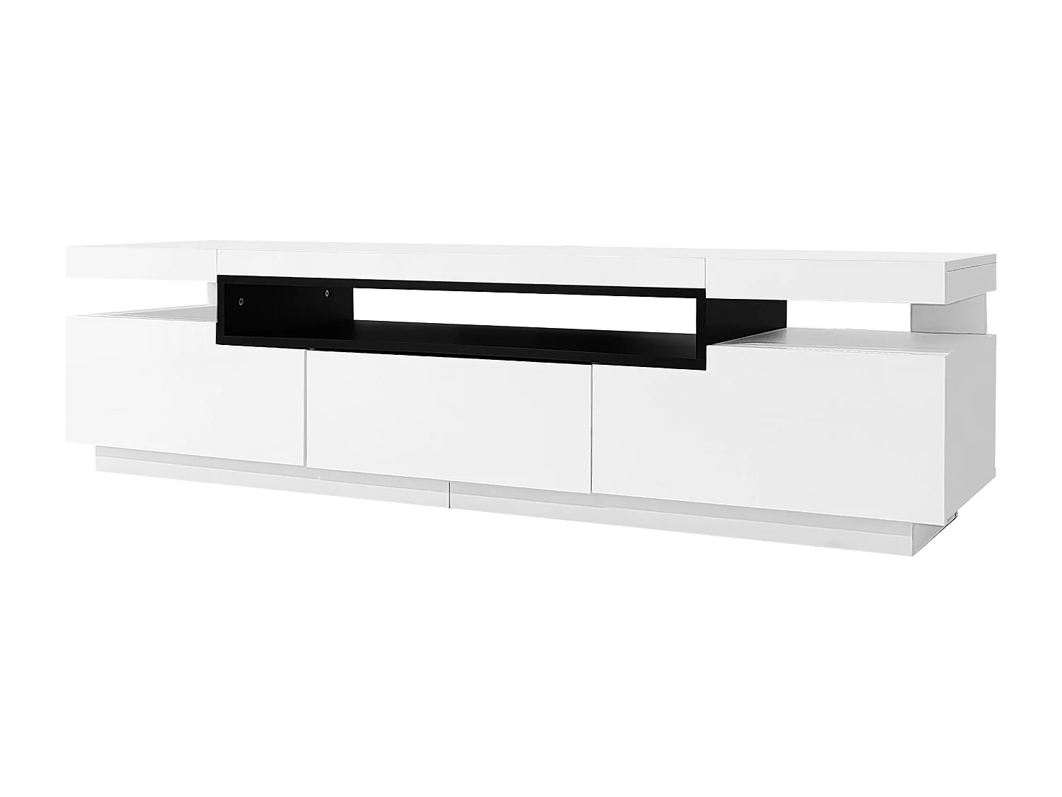 Meuble TV blanc avec 3 tiroirs de rangement et étagères ouvertes, éclairage LED 16 couleurs