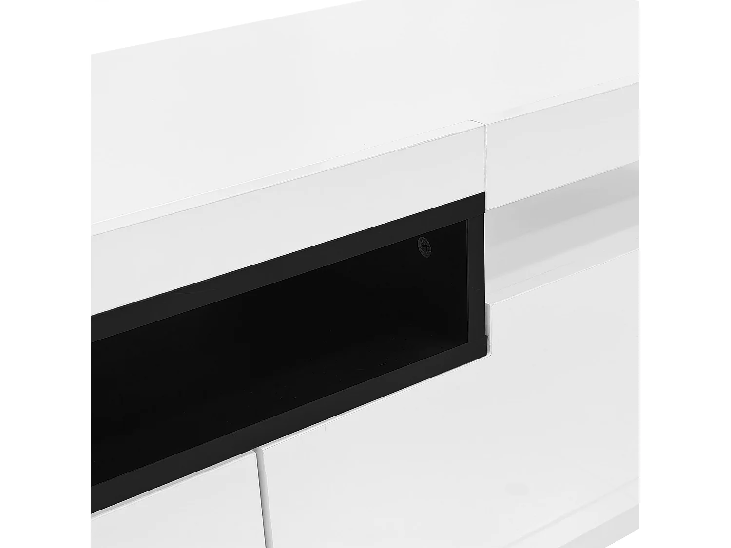 Meuble TV blanc avec 3 tiroirs de rangement et étagères ouvertes, éclairage LED 16 couleurs