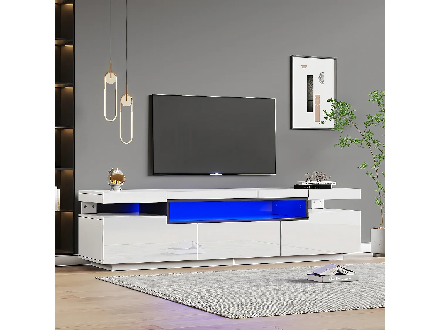 Weißes TV-Lowboard mit 3 Schubladen und offenem Regal, 16-farbige LED-Beleuchtung