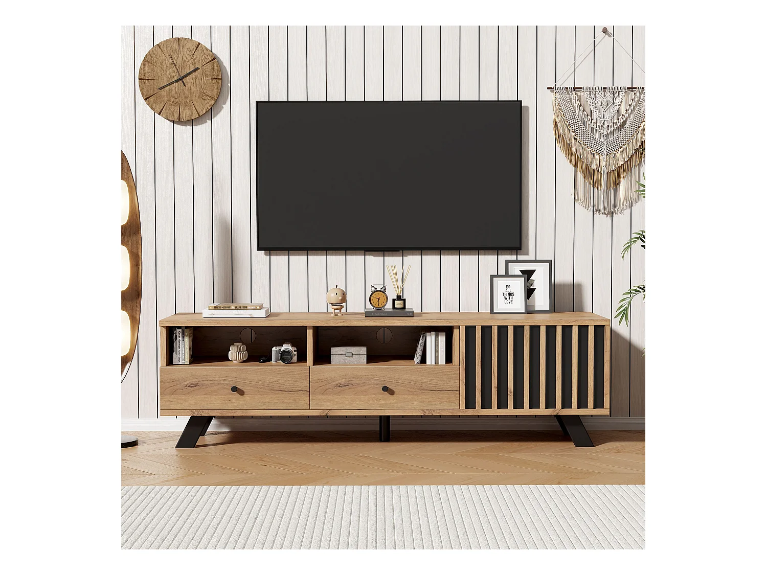 Meuble TV naturel avec 1 porte et 2 tiroirs de rangement - pour salon et bureau