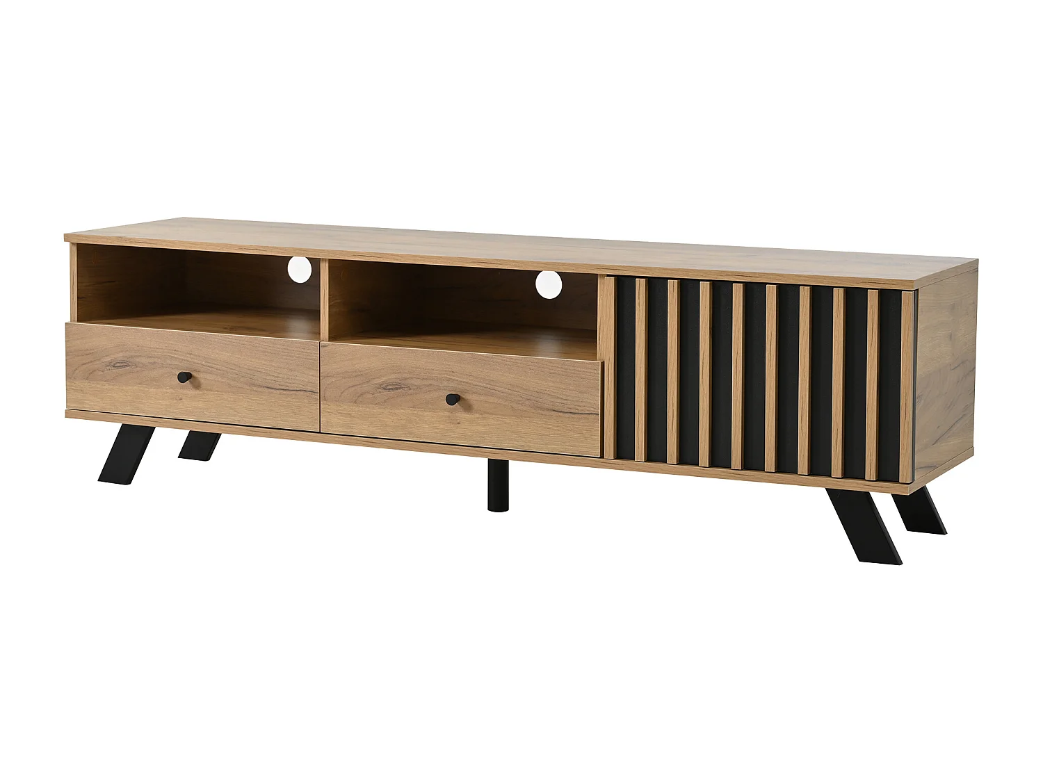 Meuble TV naturel avec 1 porte et 2 tiroirs de rangement - pour salon et bureau