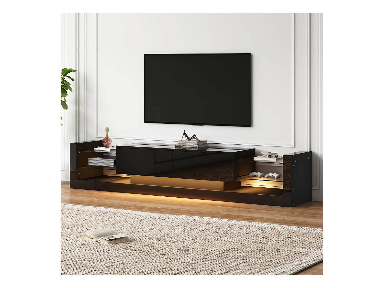 Zwarte tv-meubel met 2 deuren en glazen legplanken, LED-verlichting - geschikt voor woonkamer en kantoor