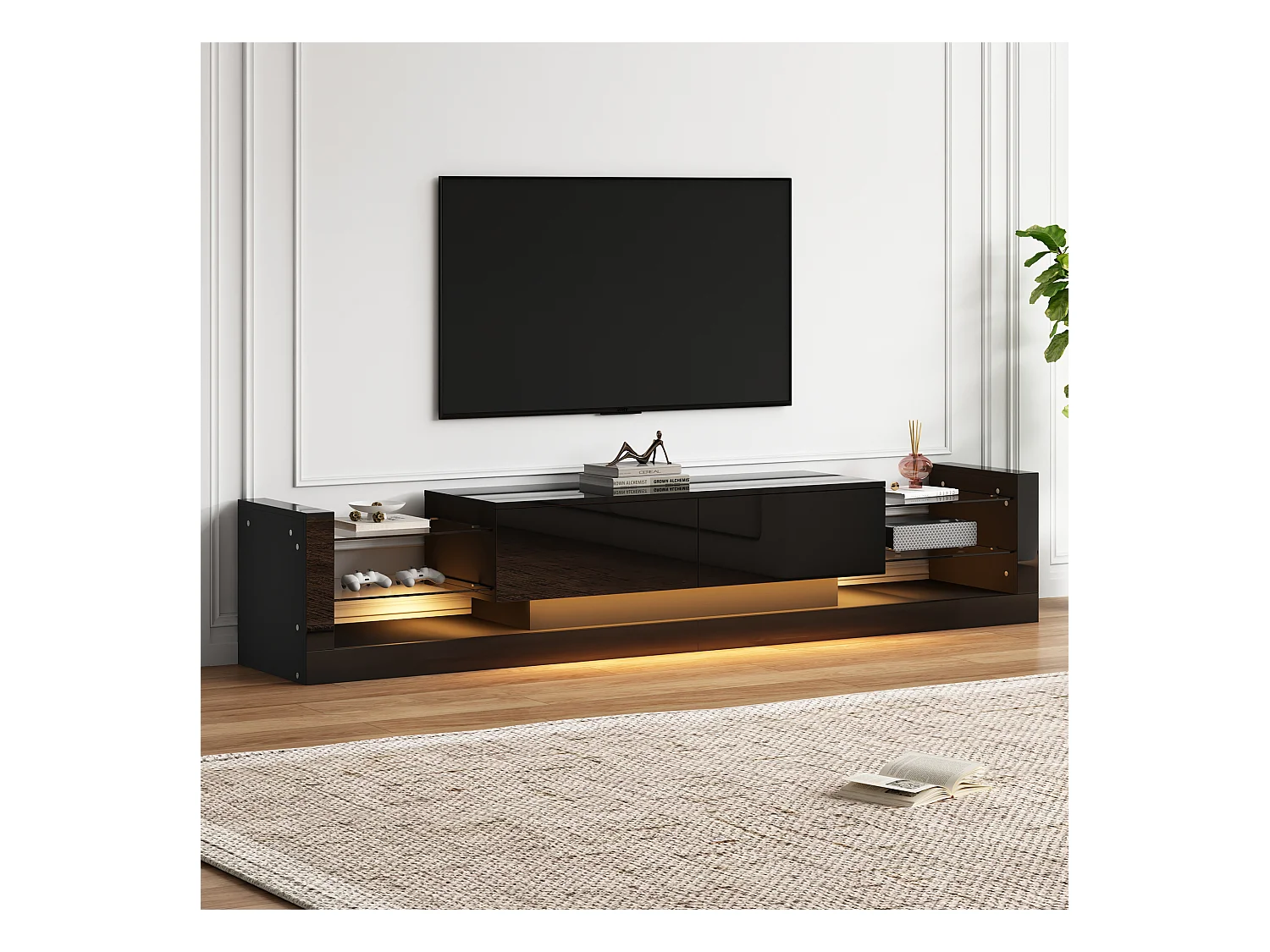 Meuble TV noir avec 2 portes et étagères en verre, éclairage LED - pour salon et bureaux