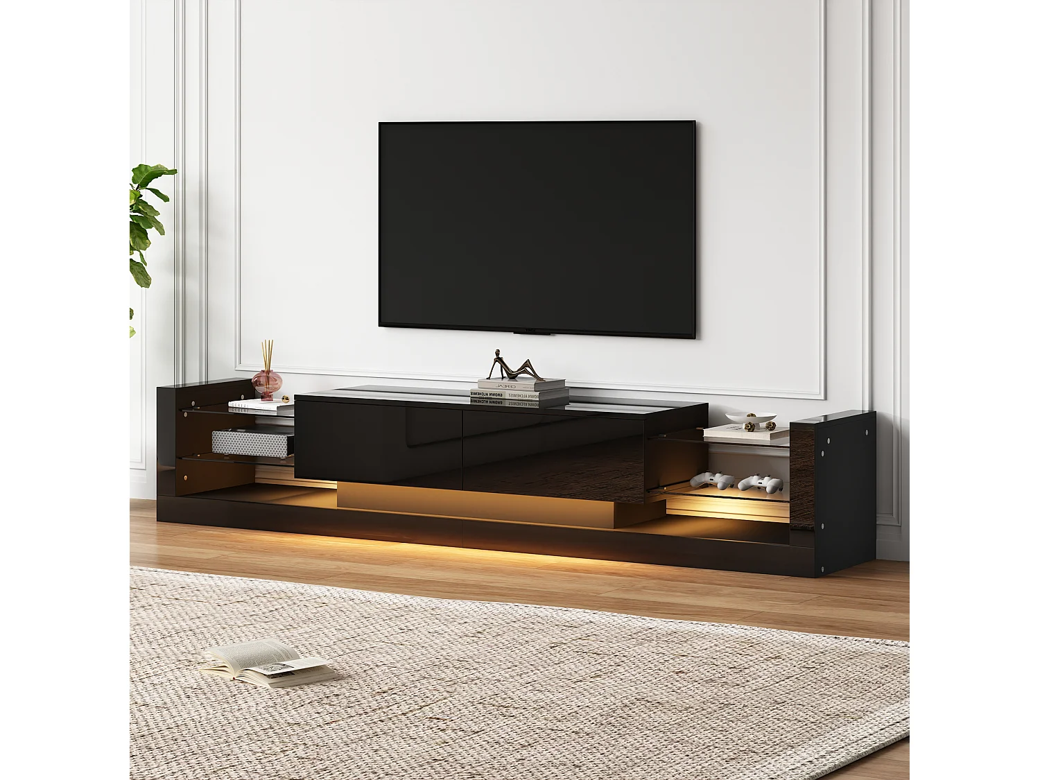 Schwarzes TV-Board mit 2 Türen und Glasböden, LED-Beleuchtung - für Wohnzimmer und Büro