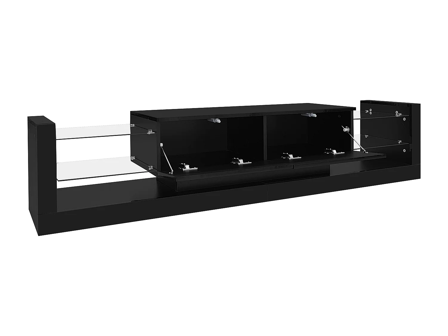 Schwarzes TV-Board mit 2 Türen und Glasböden, LED-Beleuchtung - für Wohnzimmer und Büro