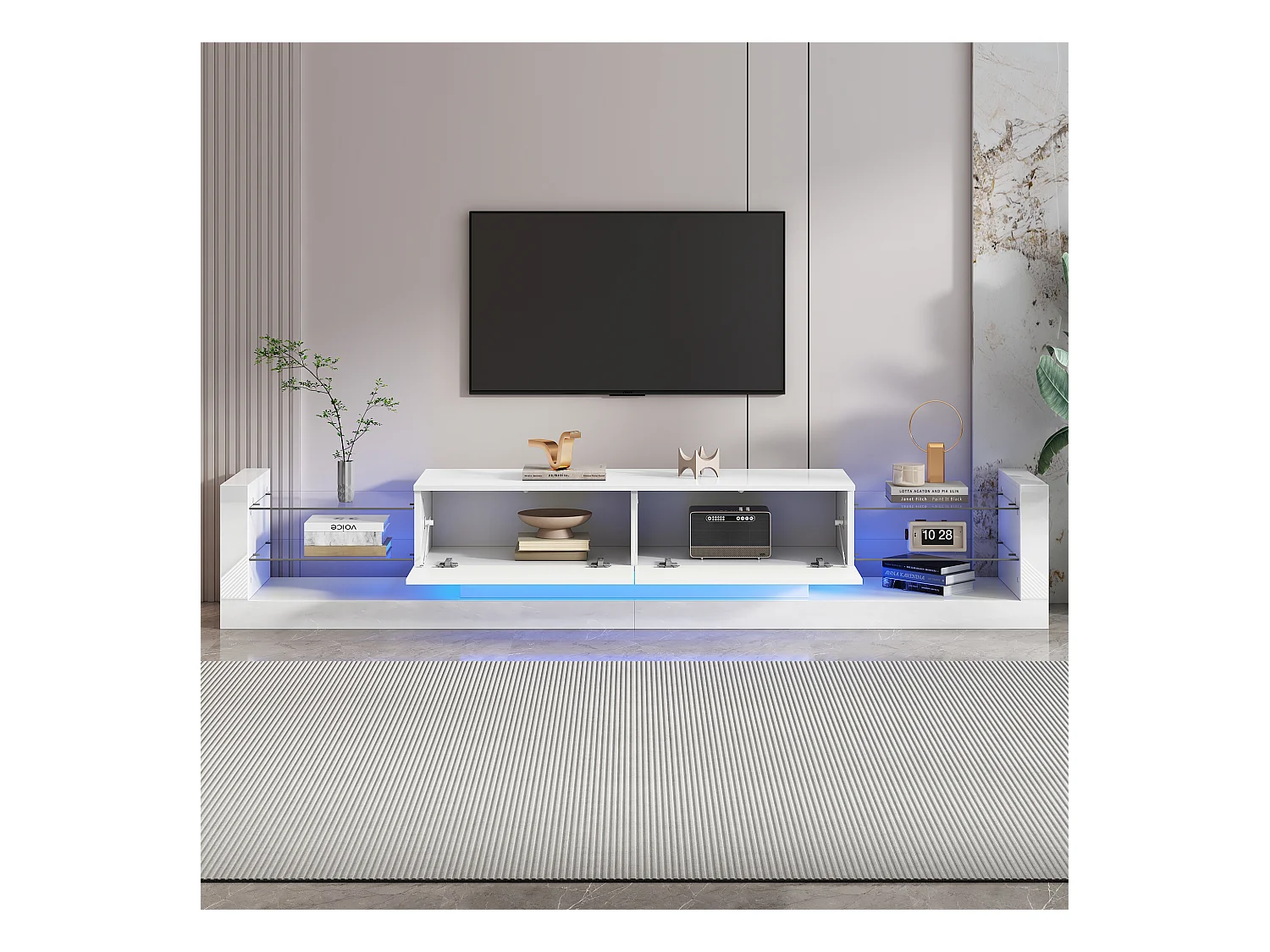 Biała szafka RTV z 2 drzwiczkami i szklanymi półkami, oświetlenie LED - do salonu i biura