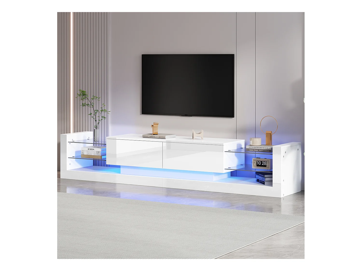 Biała szafka RTV z 2 drzwiczkami i szklanymi półkami, oświetlenie LED - do salonu i biura