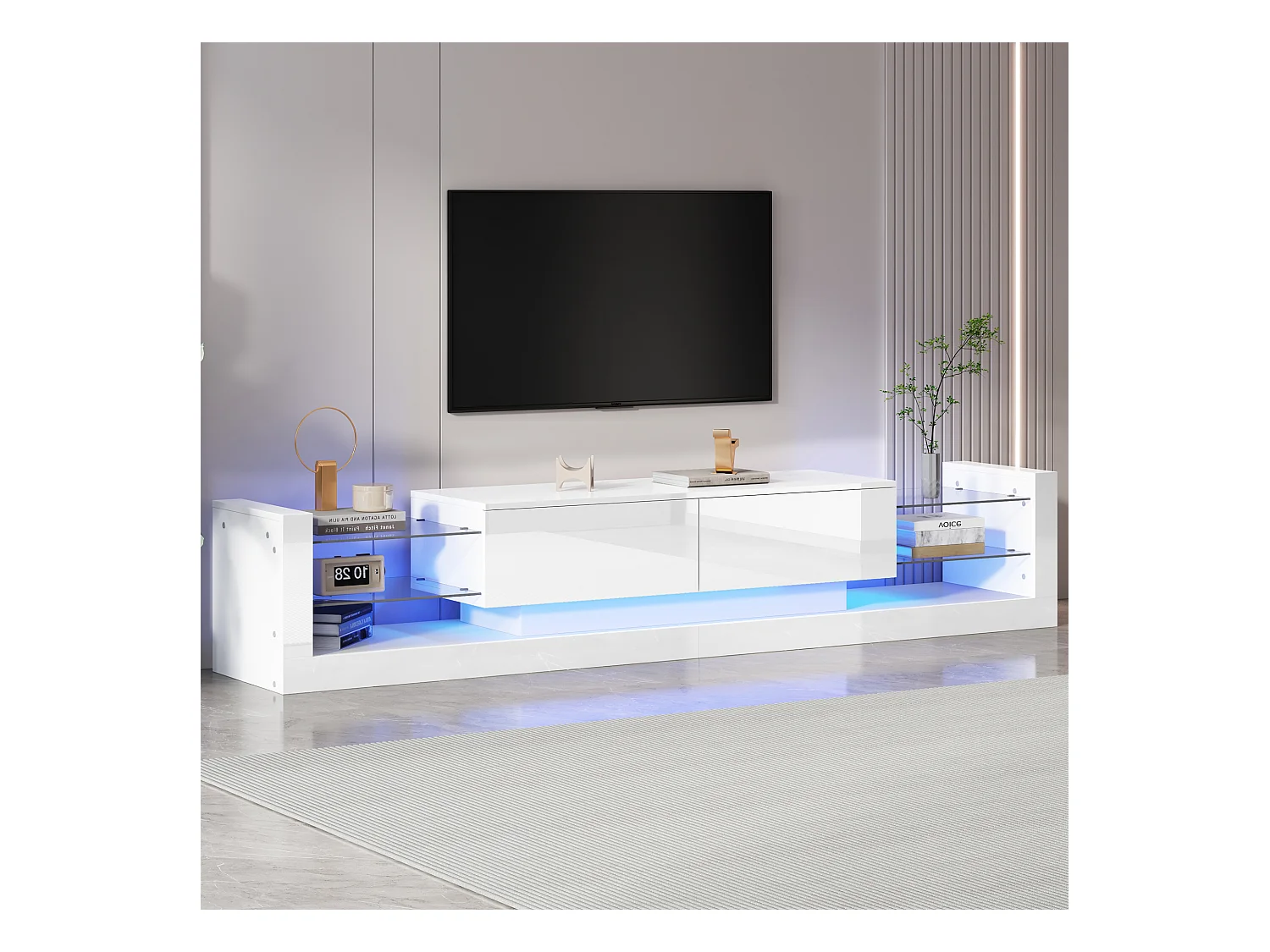 Meuble TV blanc avec 2 portes et étagères en verre, éclairage LED - pour salon et bureaux