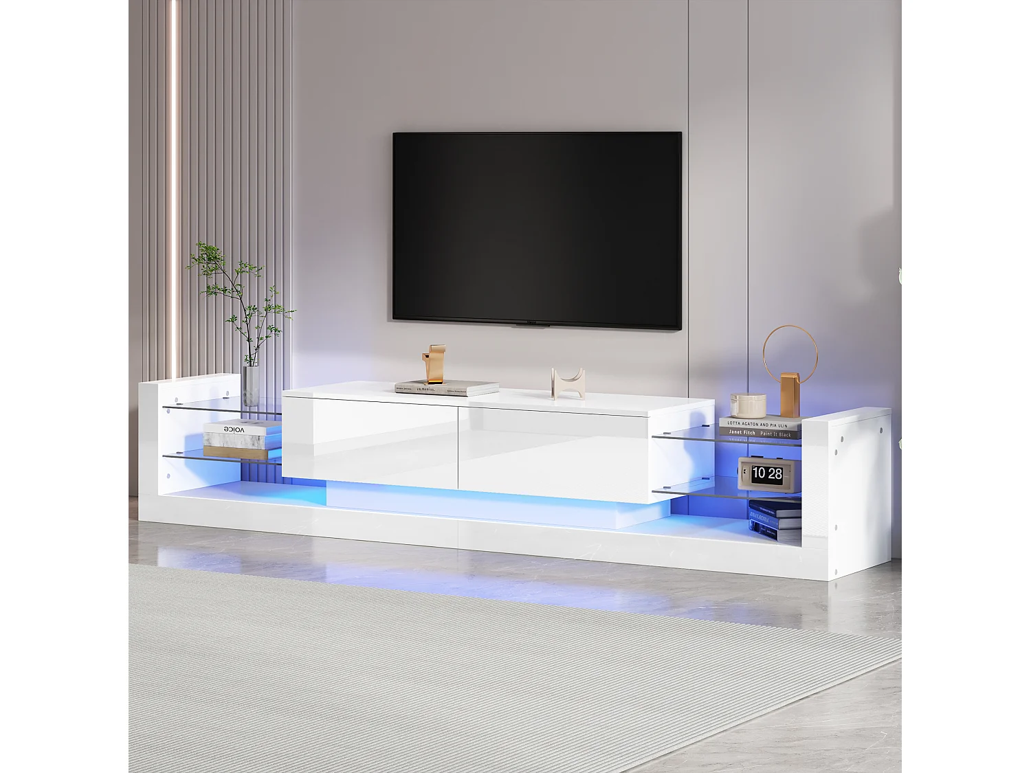 Meuble TV blanc avec 2 portes et étagères en verre, éclairage LED - pour salon et bureaux