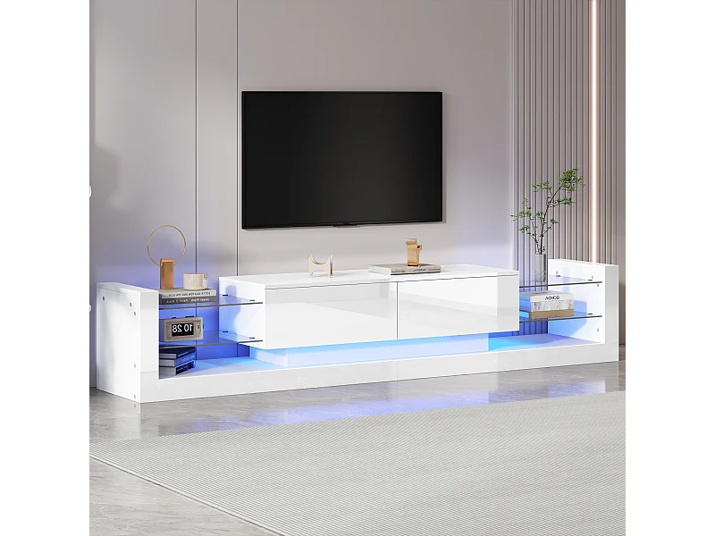 Witte tv-meubel met 2 deuren en glazen legplanken, LED-verlichting - geschikt voor woonkamer en kantoor