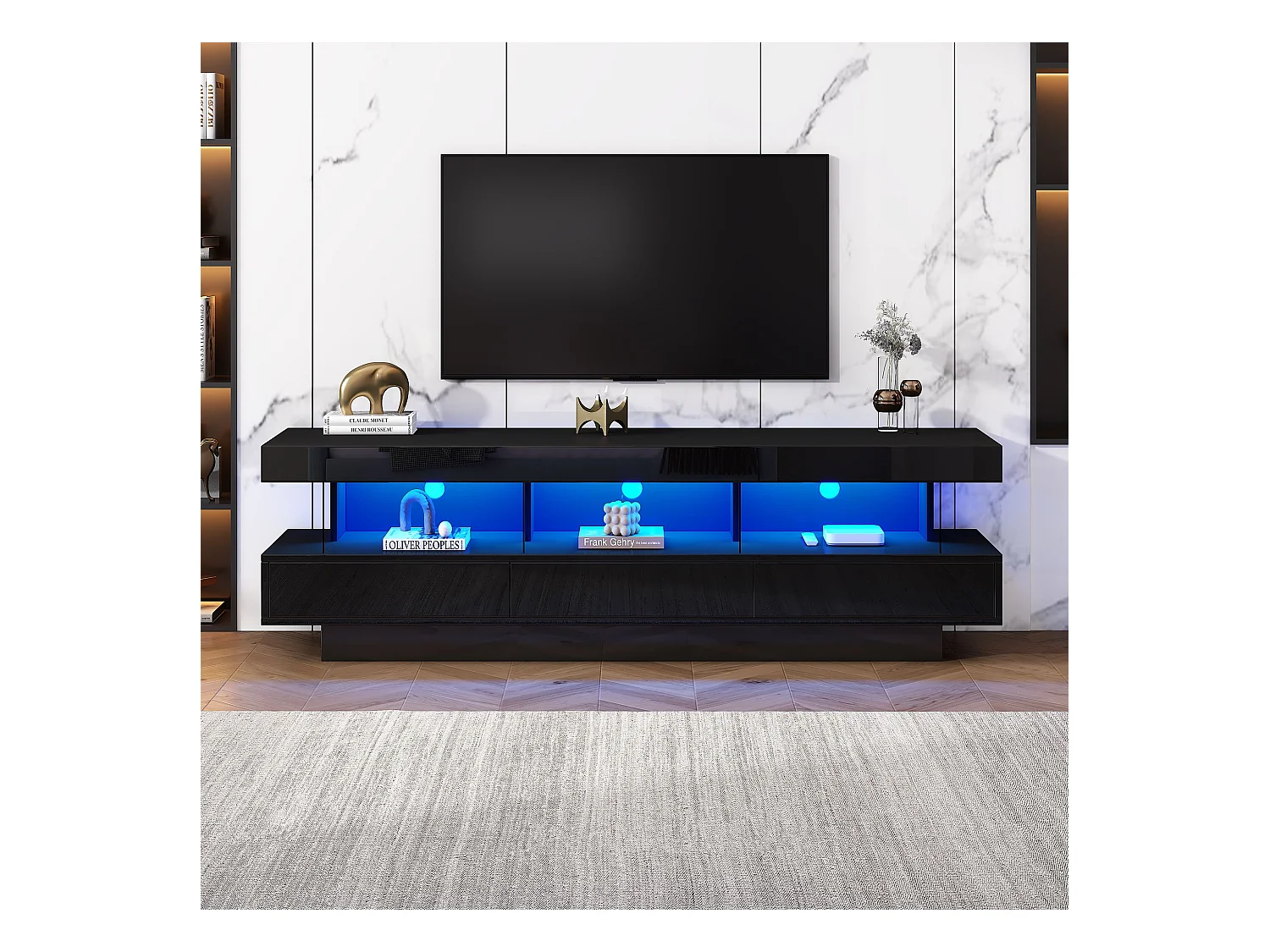 Meuble TV noir avec 3 tiroirs de rangement et étagères, éclairage LED - pour salon