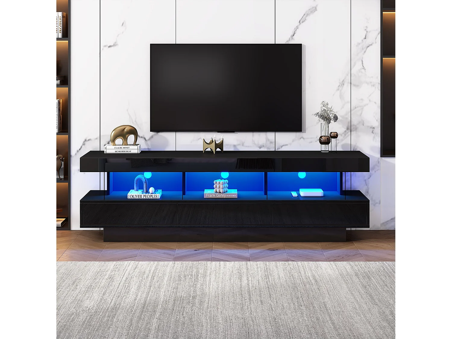 Meuble TV noir avec 3 tiroirs de rangement et étagères, éclairage LED - pour salon