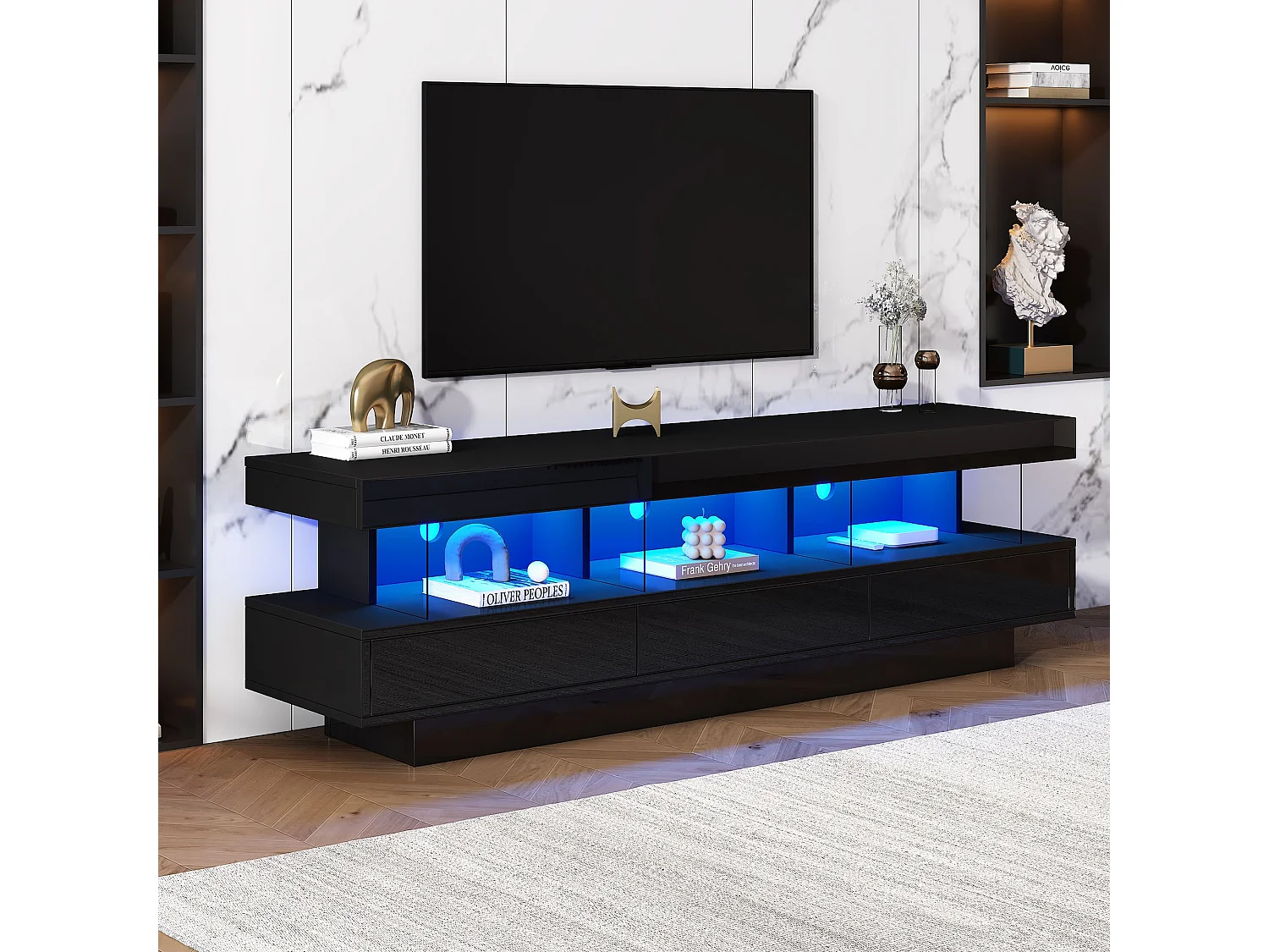 Meuble TV noir avec 3 tiroirs de rangement et étagères, éclairage LED - pour salon