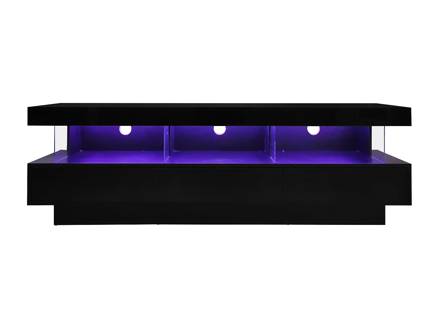 Meuble TV noir avec 3 tiroirs de rangement et étagères, éclairage LED - pour salon