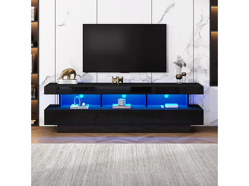 Zwarte tv-kast met 3 opbergladen en planken, LED-verlichting - ideaal voor de woonkamer