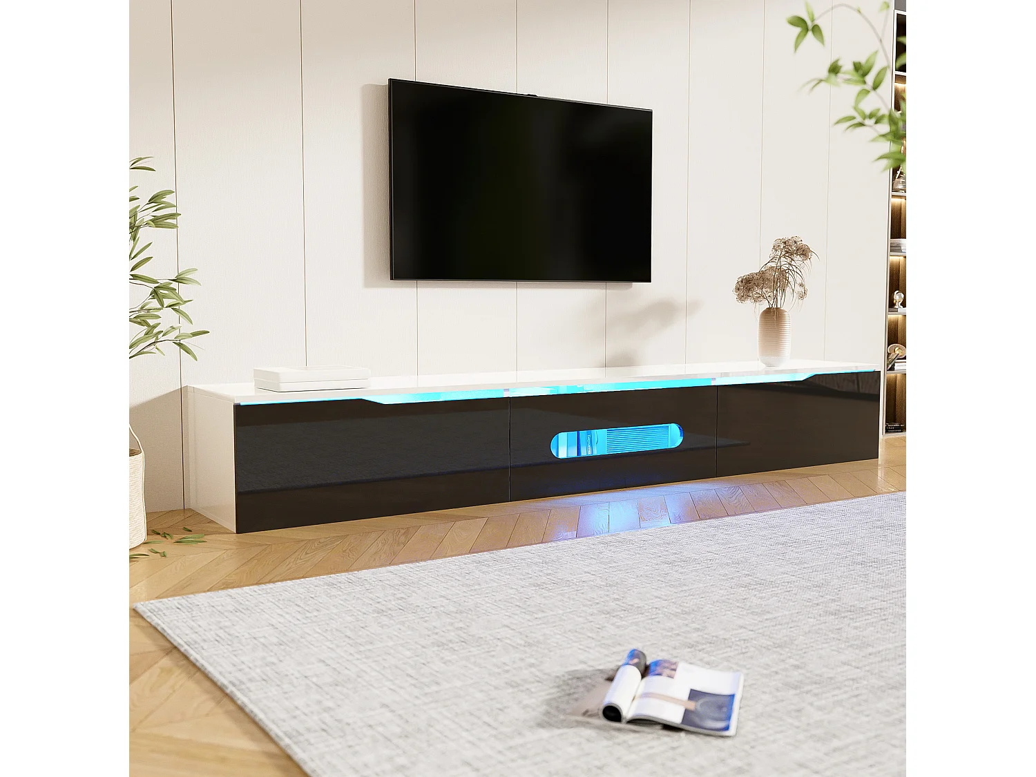 Meuble TV 180 cm avec 3 portes noires et éclairage LED 16 couleurs - blanc