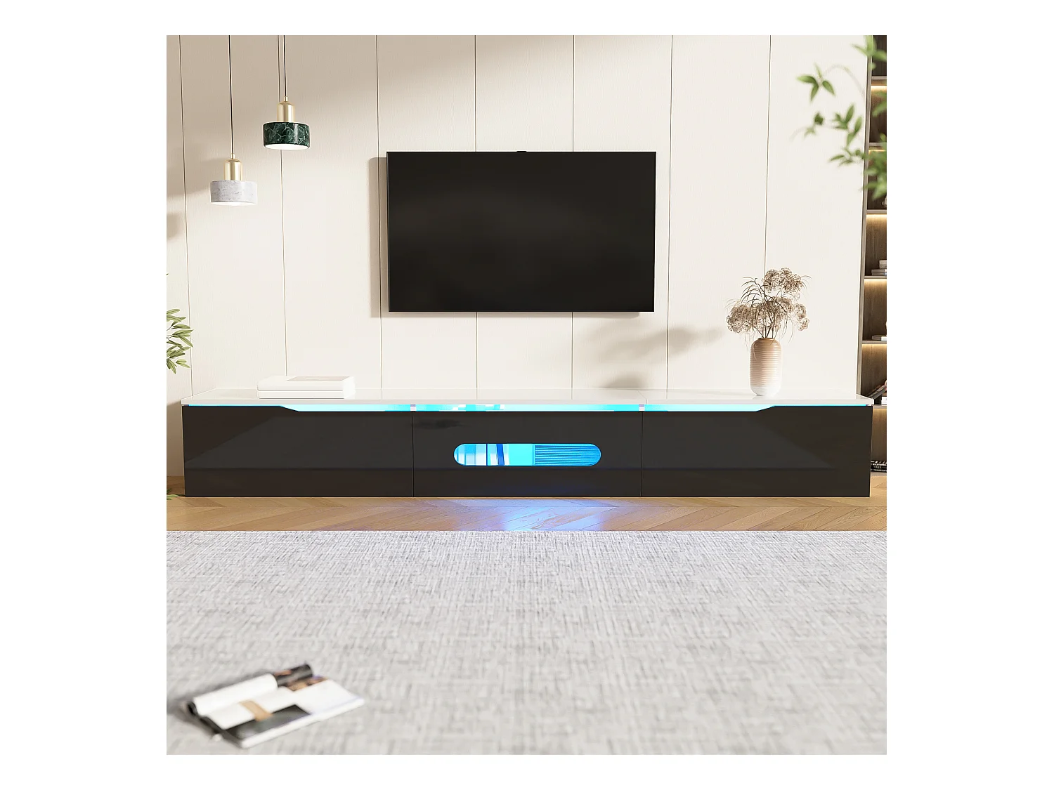 Meuble TV 180 cm avec 3 portes noires et éclairage LED 16 couleurs - blanc