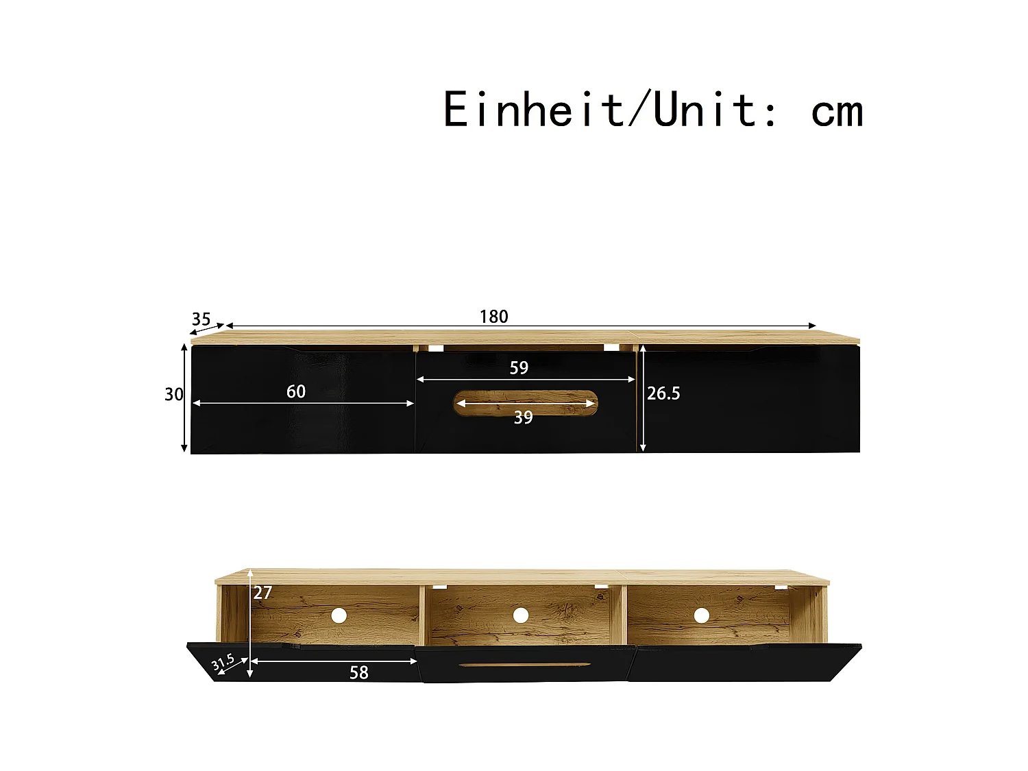 Meuble TV 180 cm avec 3 portes et éclairage LED 16 couleurs - noir et naturel