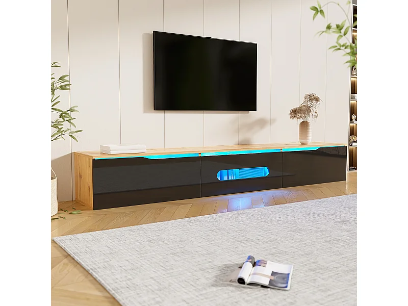 Meuble TV 180 cm avec 3 portes et éclairage LED 16 couleurs - noir et naturel
