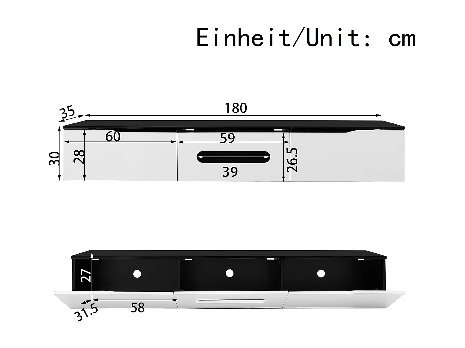 Meuble TV 180 cm avec 3 portes blanches et éclairage LED 16 couleurs - noir