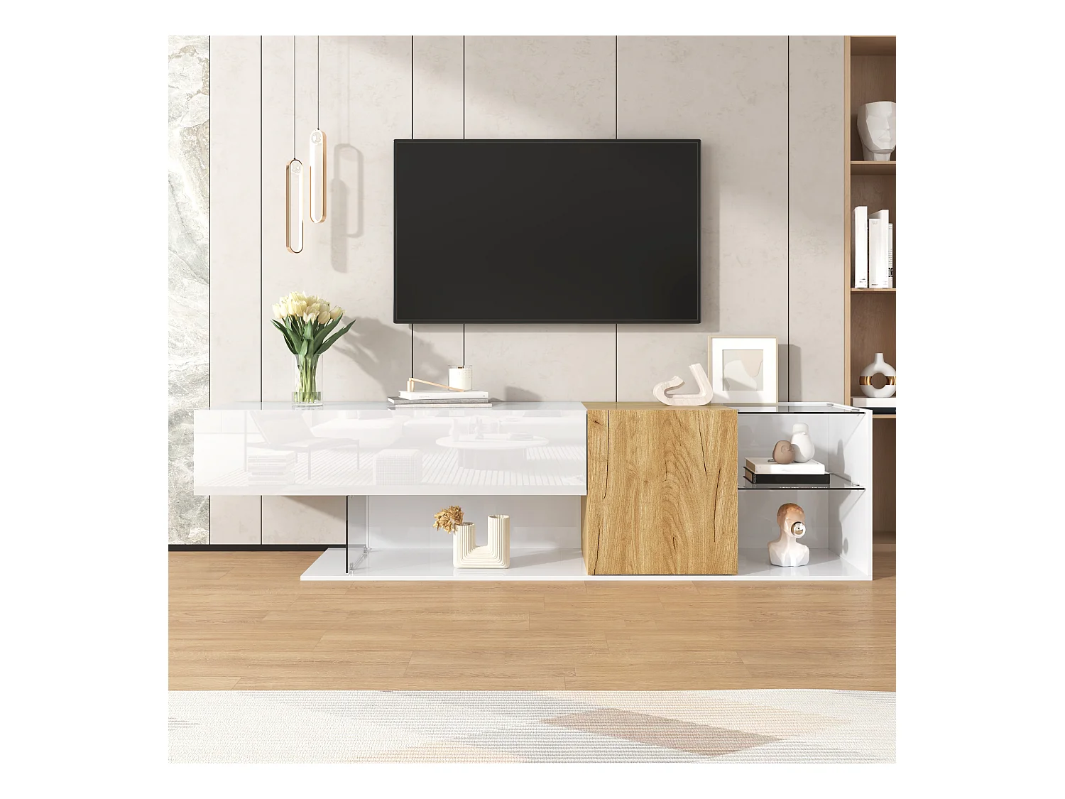 Meuble TV 180 cm avec 2 portes et étagères de rangement en verre - Blanc et naturel