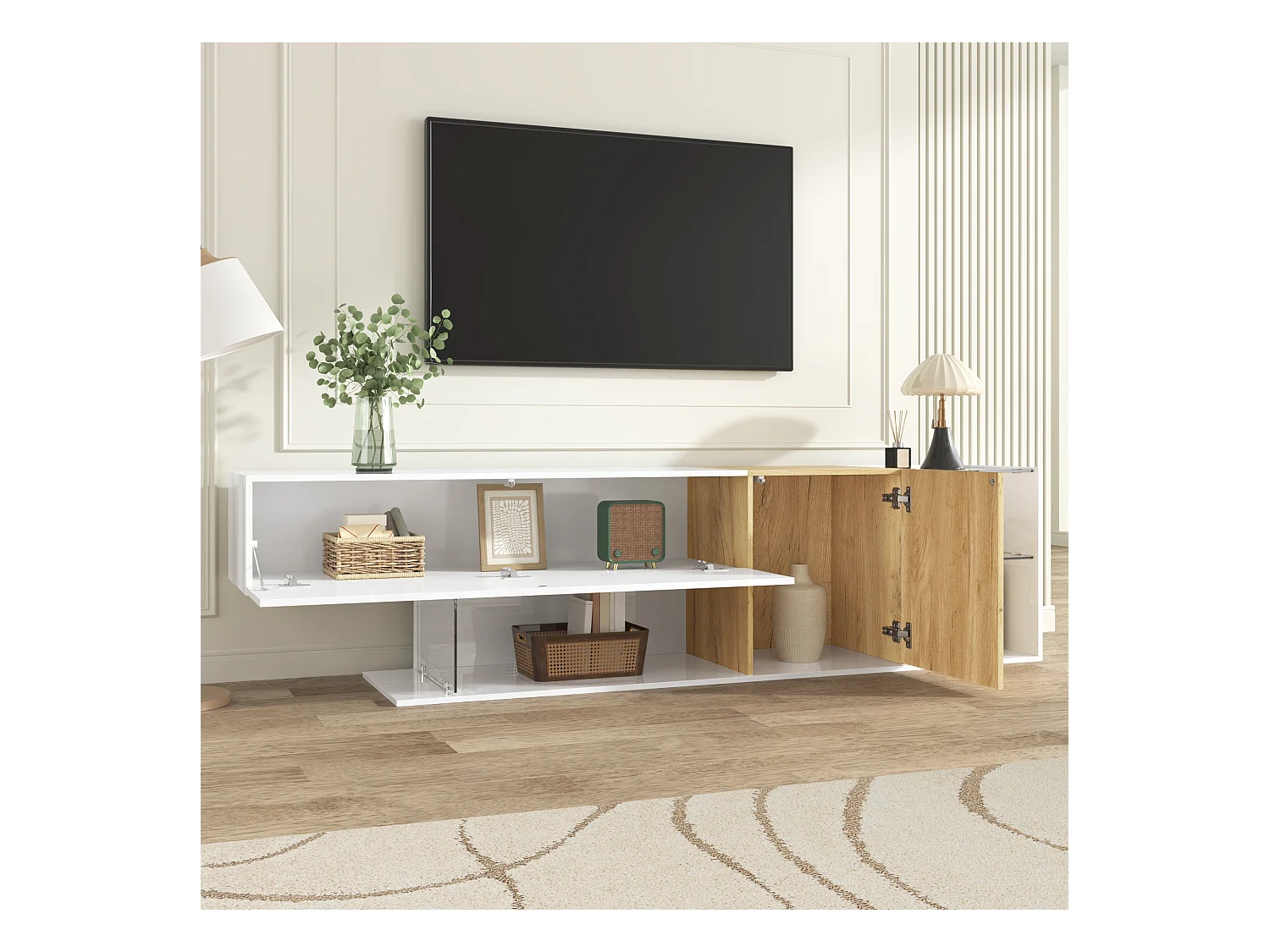 Meuble TV 180 cm avec 2 portes et étagères de rangement en verre - Blanc et naturel