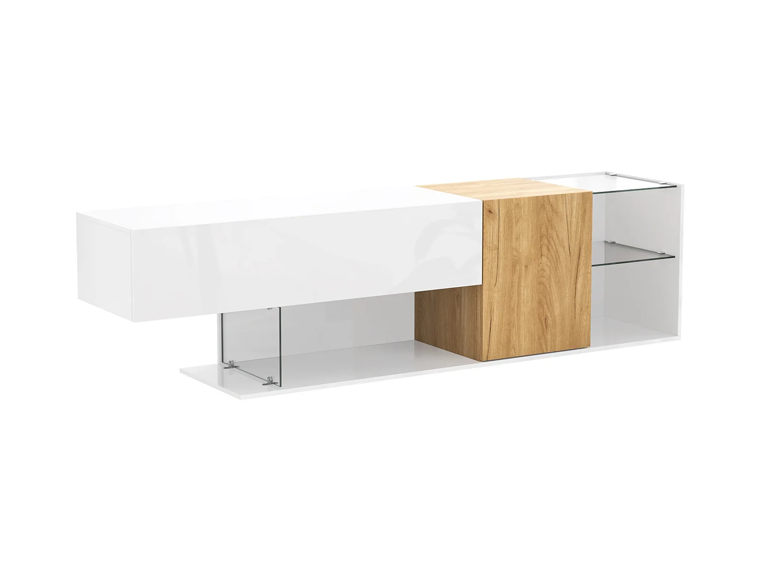 Meuble TV 180 cm avec 2 portes et étagères de rangement en verre - Blanc et naturel