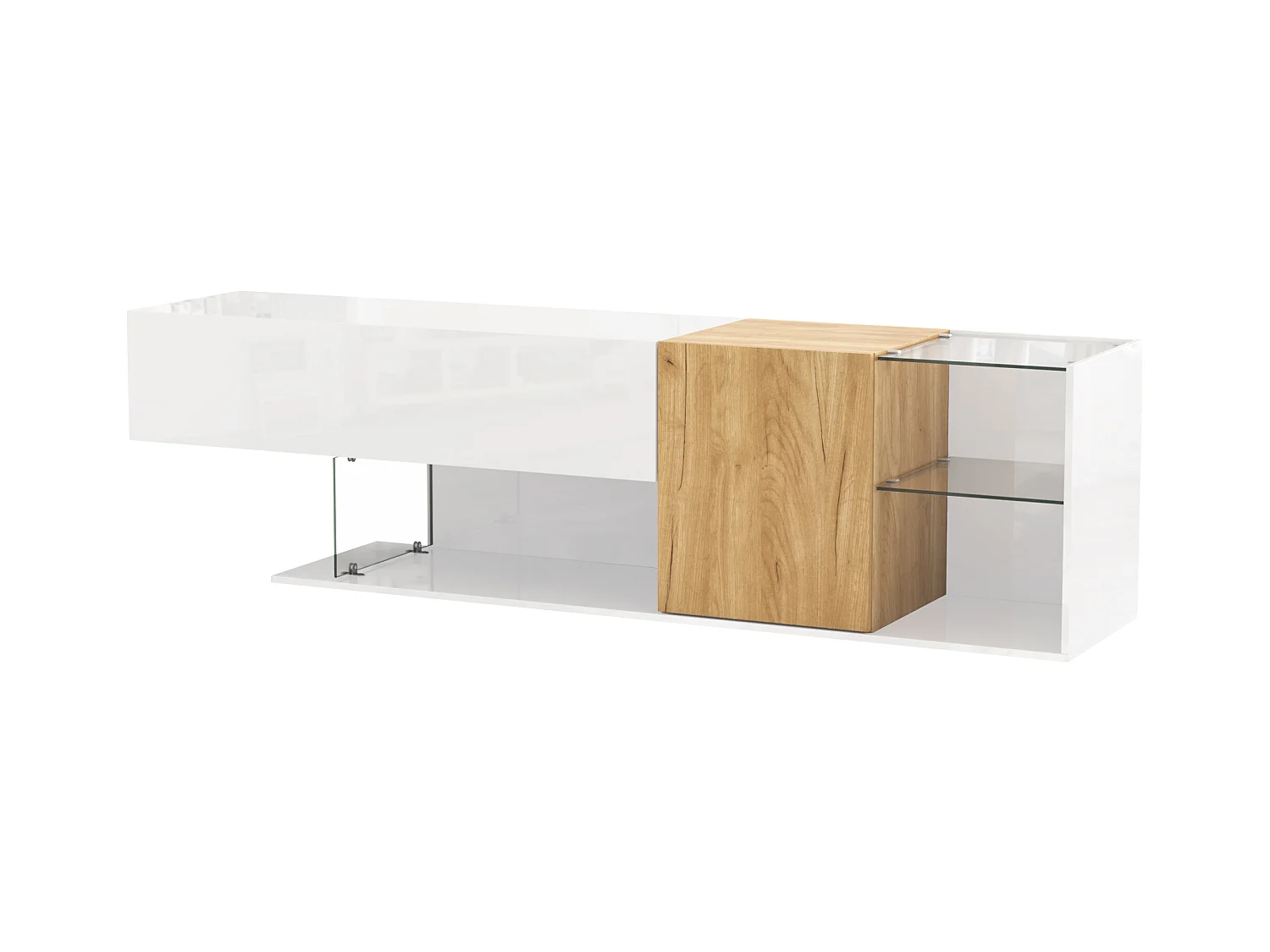 Meuble TV 180 cm avec 2 portes et étagères de rangement en verre - Blanc et naturel