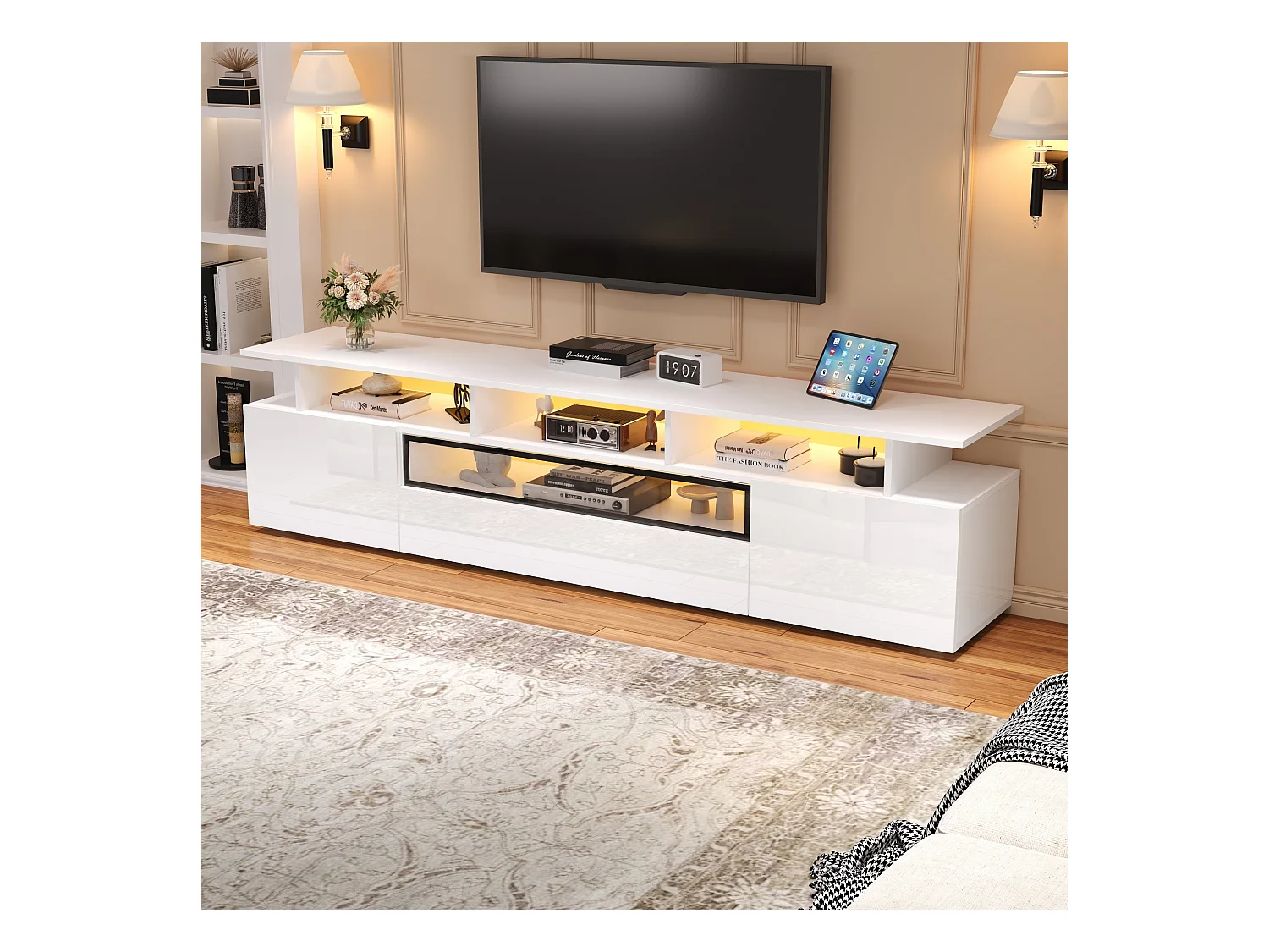 Meuble TV 180 cm avec éclairage LED, 2 portes et 1 tiroir de rangement - Blanc