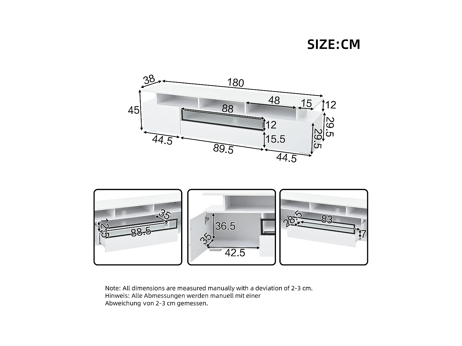 Meuble TV 180 cm avec éclairage LED, 2 portes et 1 tiroir de rangement - Blanc